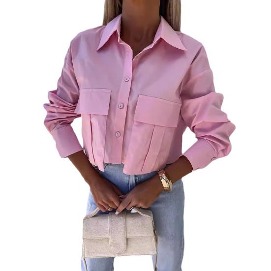 Damen Sommer Shirt Ärmel Shirt Tops Crop Tops Basic Pendeln Stil Revers Lang Einreihig Klappe