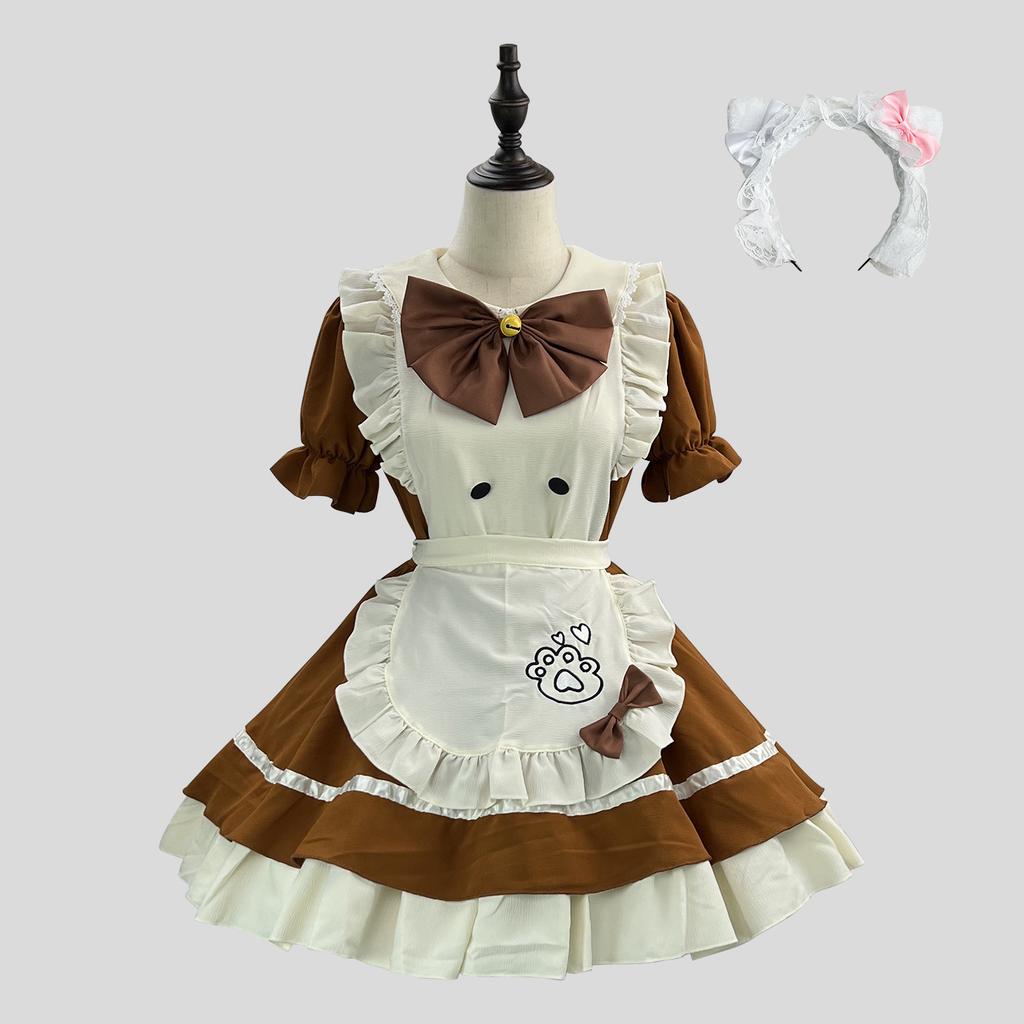 Cute Maid Short-sleeved Dress Cosplay Lolita Halloween Women's Costume + Headband 2-piece Set