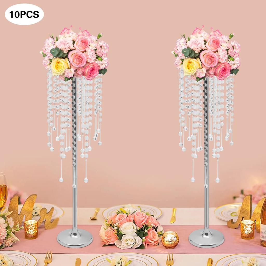 10 Pieces Elegant Silver Crystal Flower Stands for Wedding Centerpieces - Tall 75cm (29.5in) Acrylic & Iron Home Table Decor
