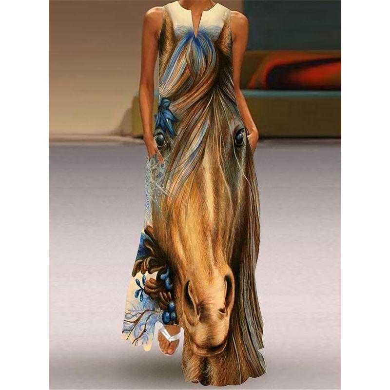 Dress Women 3D Print Peacock Dragon Big Elephant Horse Tiger Lion Animal Pattern Sleeveless Maxi Dress