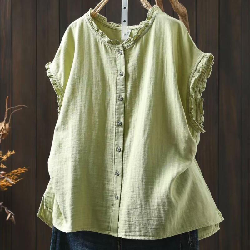 Johnature Camisetas sin Mangas Vintage de Algodón para Mujer Cuello Redondo Color Sólido Verano Botones Sin Mangas Holgadas Suaves Casual Camisetas sin Mangas