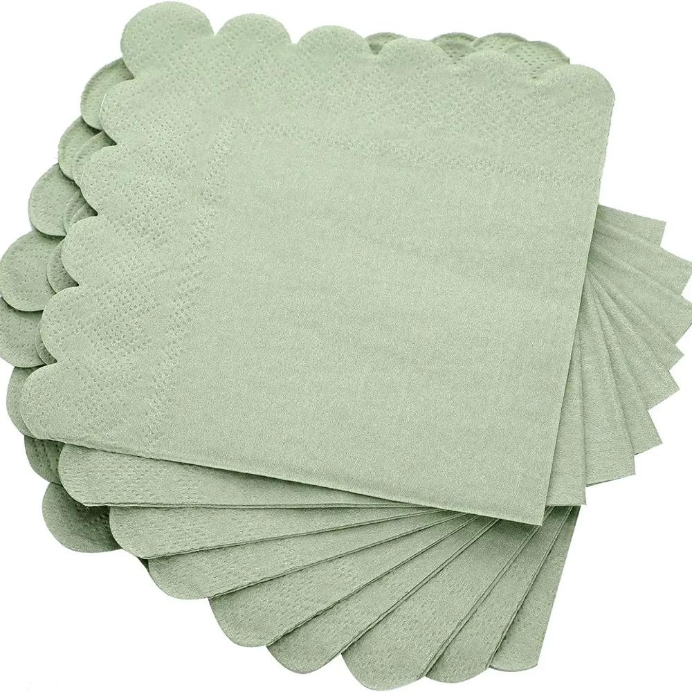 50PCS Scalloped Sage Cocktail Napkins Disposable Paper Tissue Party Napkin Beverage Towels for Wedding Birthday Christmas Supply