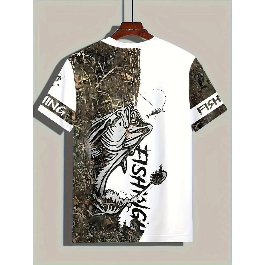 Mens Vibrant Fish Print Casual T-Shirt - Breathable Slight Stretch Polyester Crew Neck Tee for Outdoor Perfect for Summer