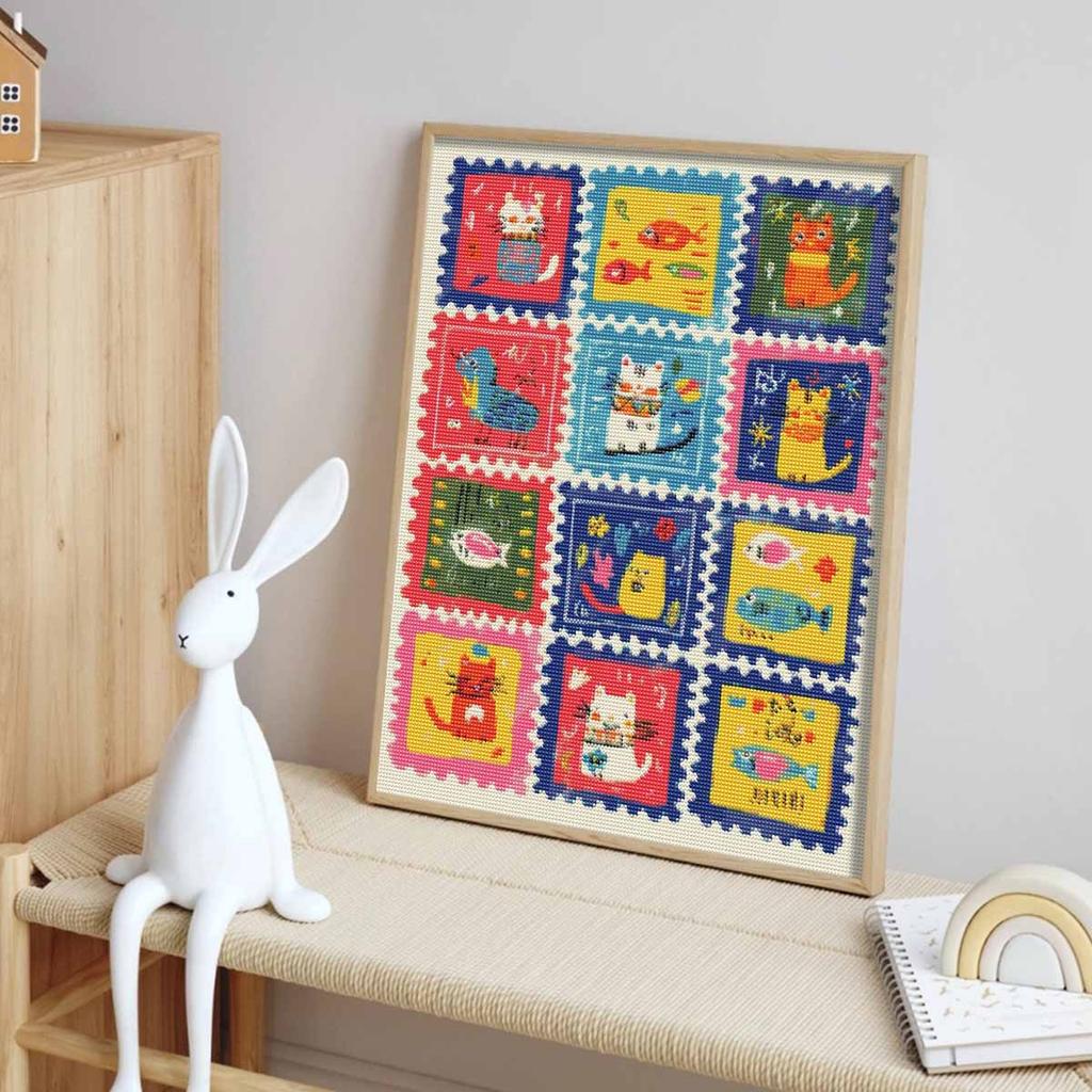 Diamond Painting Kit Full Diamond Round Mosaic Cute Cats Fish Aquarium Postage Stamp Colorful Cartoon Whimsical Home Decor Gift
