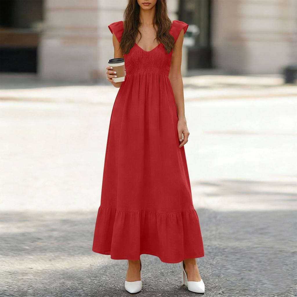 Women's Fashionable V-neck Casual Loose High Waisted Color Ruffle Sleeveless Pleated Long Dresses