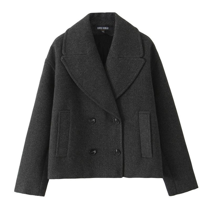 

Европейский и американский стиль осеннее женское двубортное шерстяное короткое пальто Small темно-серого