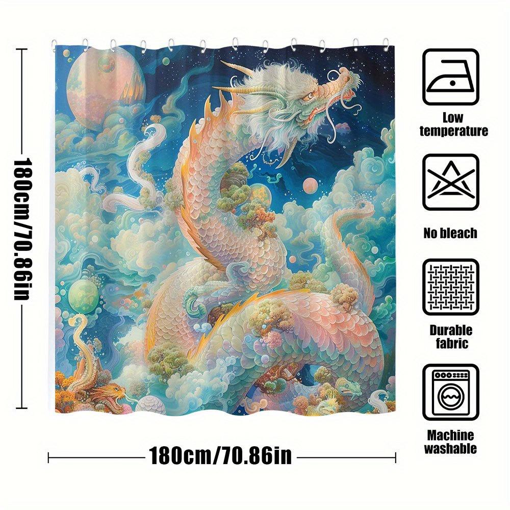 1pc Cosmic Dragon Bath Curtain - Vibrant Fantasy Art Design with Pink, Green & Golden Scales, Starry Night Sky & Celestial Eleme
