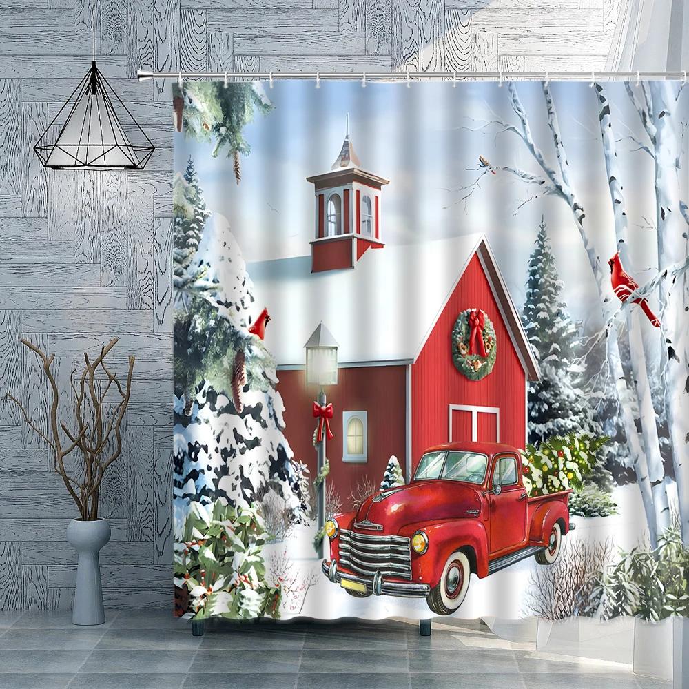 

Christmas Shower Curtain Snowman with Red Scarf Snow Pine Forest Red Bird Fabric Bathroom Curtain Winter Decor Bath Curtain Sets W90XH180cm