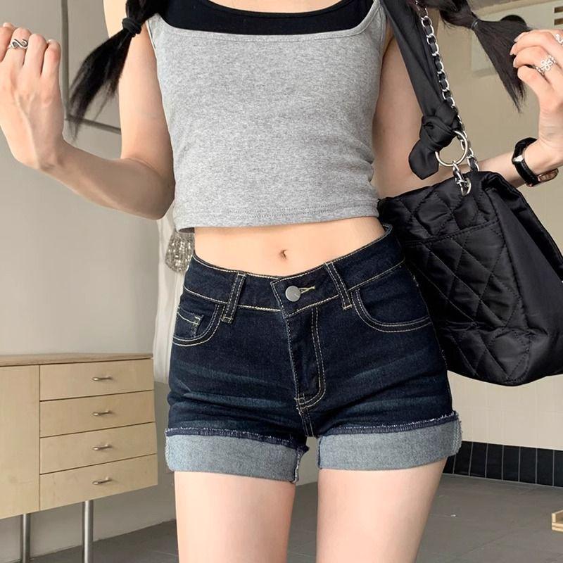 Women's High-Waisted Denim Shorts - Water-Washed, Rolled Hem, Slimming A-Line Fit, Stretchy and Hip-Hugging. Perfect for Summer 2026 Hot Girl Style.