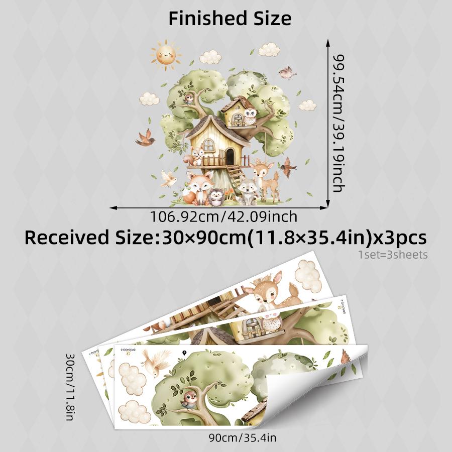 Woodland Animals Tree House Wall Decals Cute Owl Fox Deer Squirrel Hedgehog Vinyl Stickers Removable Nursery Room Decor For Kid