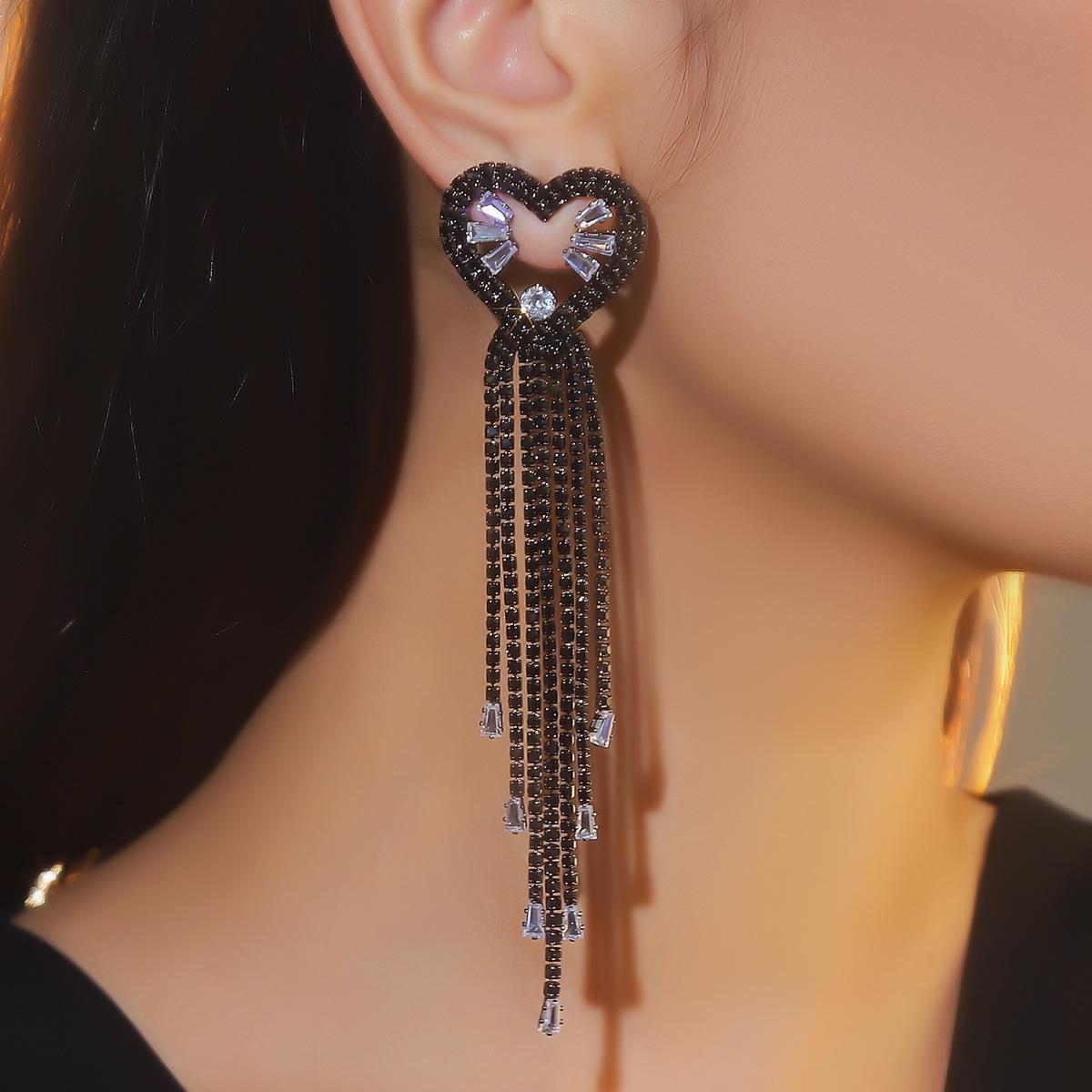 

Valentine s Black Rhinestone Heart Tassel Earrings, Zircon Studs