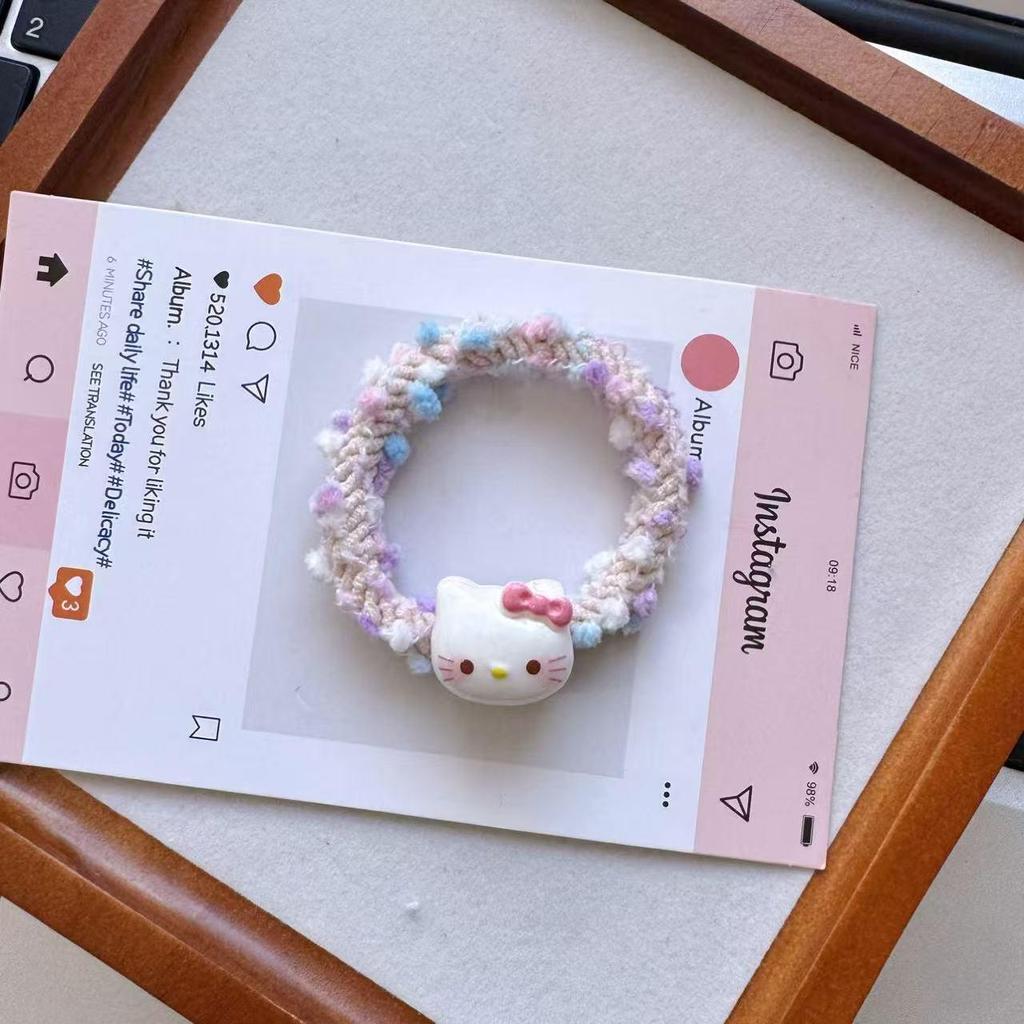 Cartoon KT Beaded Hair Tie: Colorful, High-Elastic Woven Band for Girls & Students