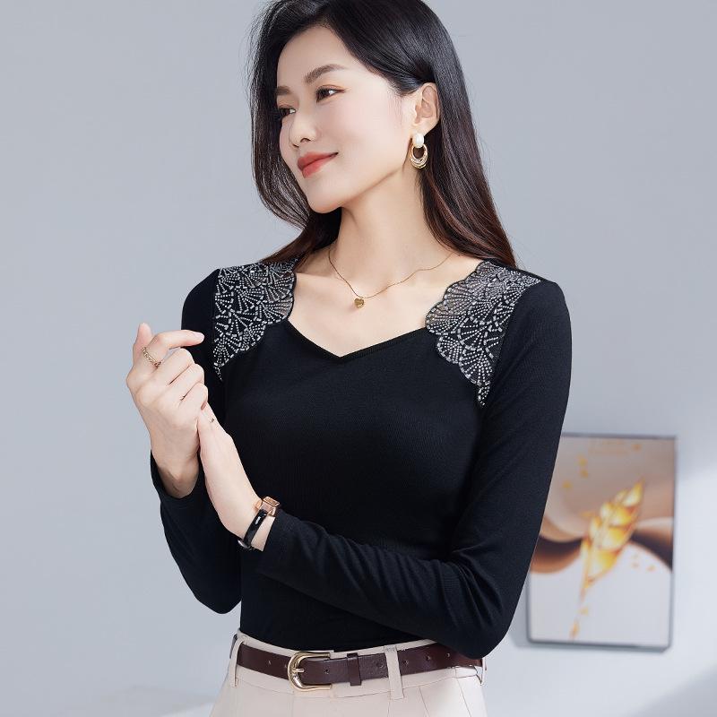 

Autumn V-neck Long Sleeve Embroidered Rhinestone Stretch Cotton Women s Top 4XL чёрный