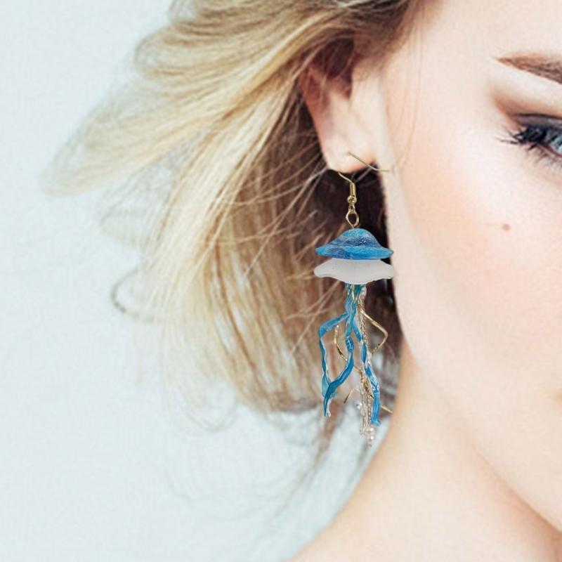 Handmade Elegant Blue Jellyfish Earrings Craft from Acrylic Materials for Casual Outings and Beach Vacations Daily Use