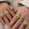 CARLIDANA New Gold-Plated Stainless Steel With Pearl Rings Jewelry Women Zircon Flower Butterfly Leaf Rings Adjustable Fashion