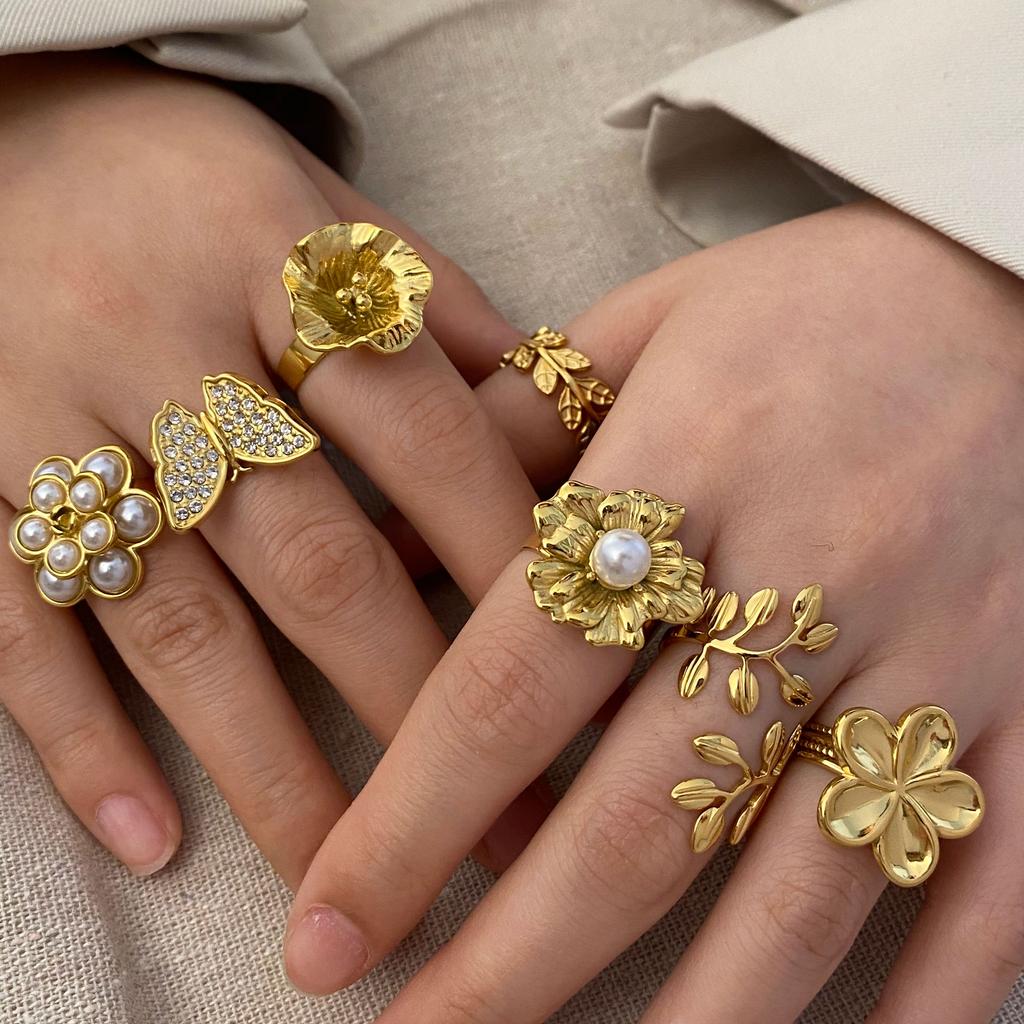 CARLIDANA New Gold-Plated Stainless Steel With Pearl Rings Jewelry Women Zircon Flower Butterfly Leaf Rings Adjustable Fashion