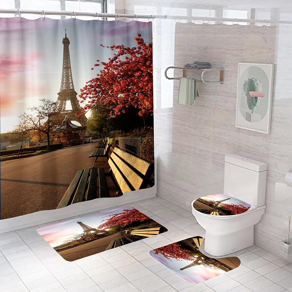 Paris Eiffel Tower Shower Curtain Set With Rugs Waterproof Curtain Bathing Screen Anti-Slip Toilet Lid Cover Rugs Bathroom Decor