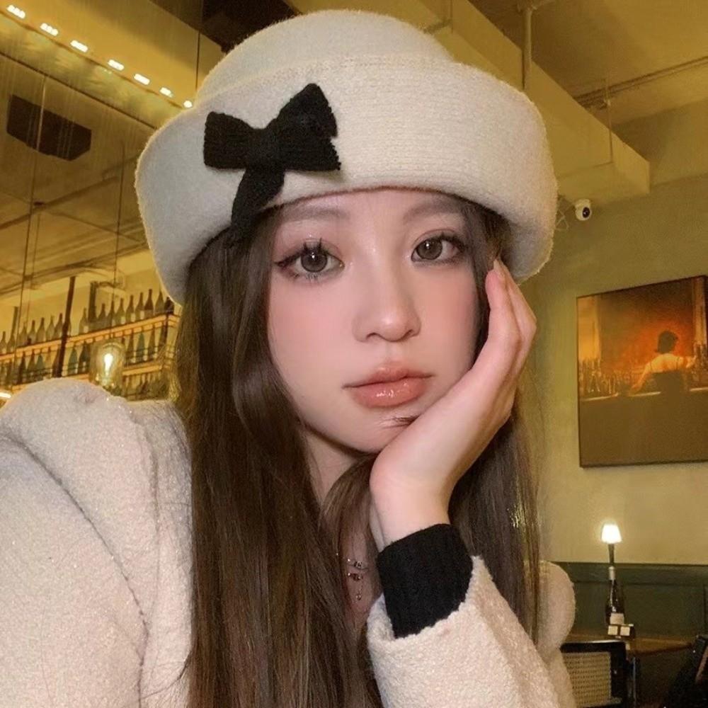 Korean Style Woolen Fishing Cap Knit Women Bucket Hat Fashion Bow Bucket Cap Spring Summer