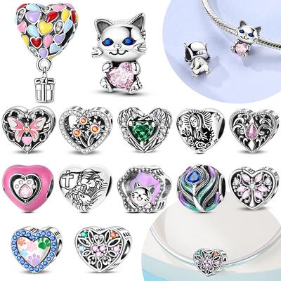 Originalcopper Cute Cat Pink Heart Shapeair Balloon Charms Bead Fit Bracelet Diy Valentine'S Day Fine Gift Jewelry