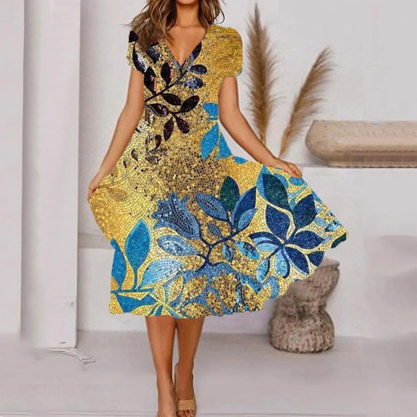 

Женское весенне-летнее модное свободное платье с v-образным вырезом и короткими рукавами с принтом S жёлтый