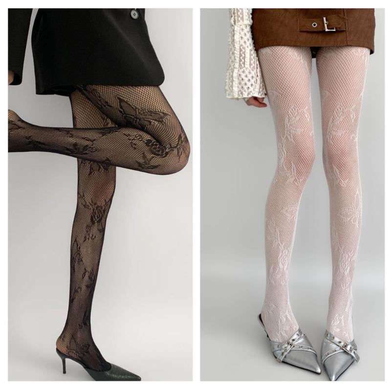Womens Japanese Hollowed Out Fishnet Tights Stockings Aesthetic Vintage Butterfly Floral Patterned See Through Pantyhose