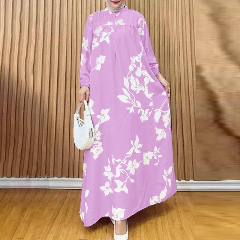 

ZANZEA Women Casual Round Neck Loose Long Sleeve Print Dress 5XL рожевий