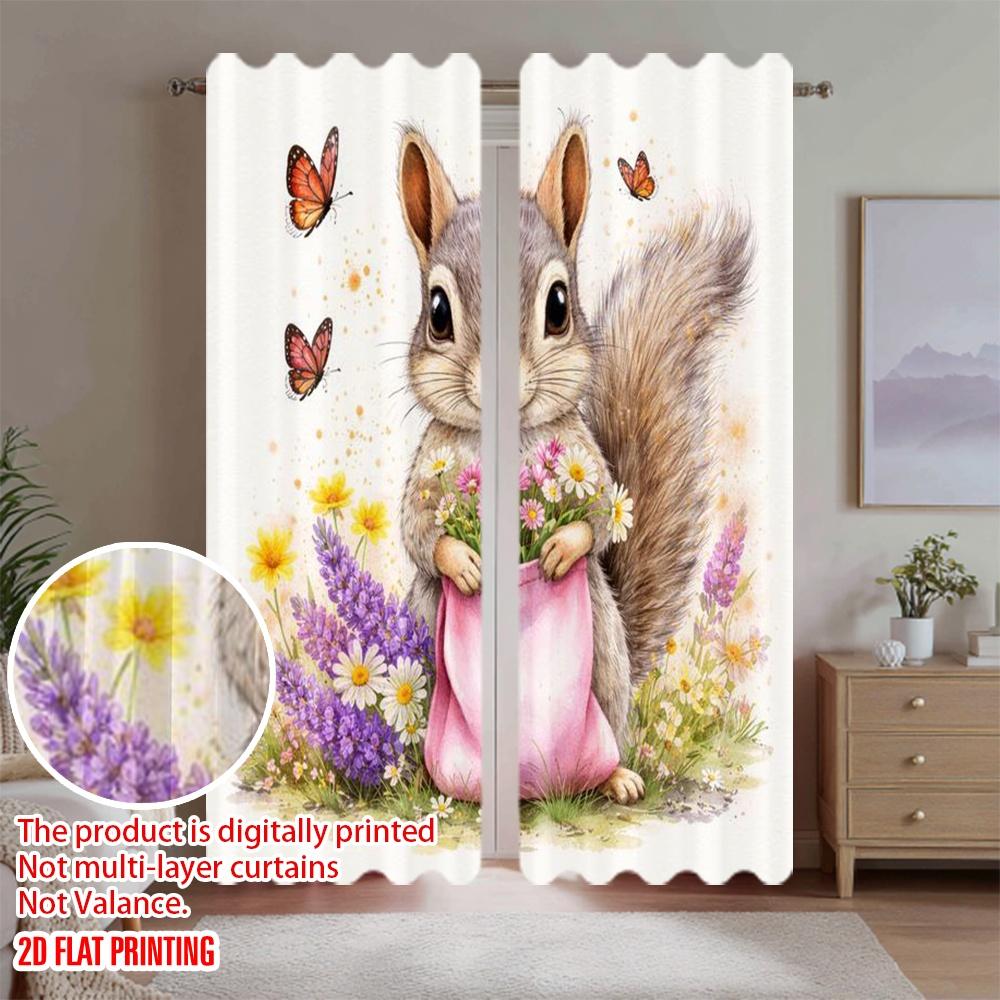 2D flat printing 2pcs Curtain Party Curtains Spring Squirrel with Flowers Digital Printed Polyester Drapes Birthday Party