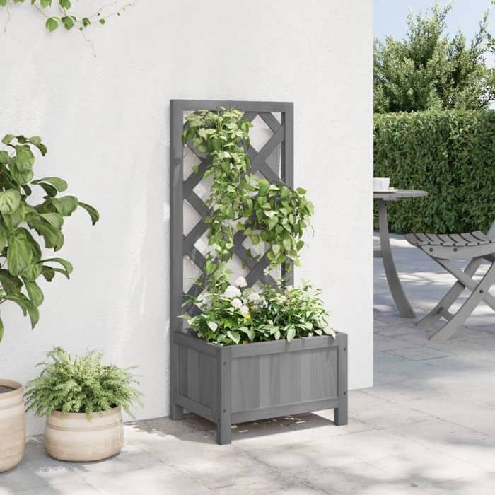 VidaXL Planter with Trellis, Raised Bed, Flower Box, Plant Pot, Flower Box Garden Patio Terrace, Wood Grey 365474
