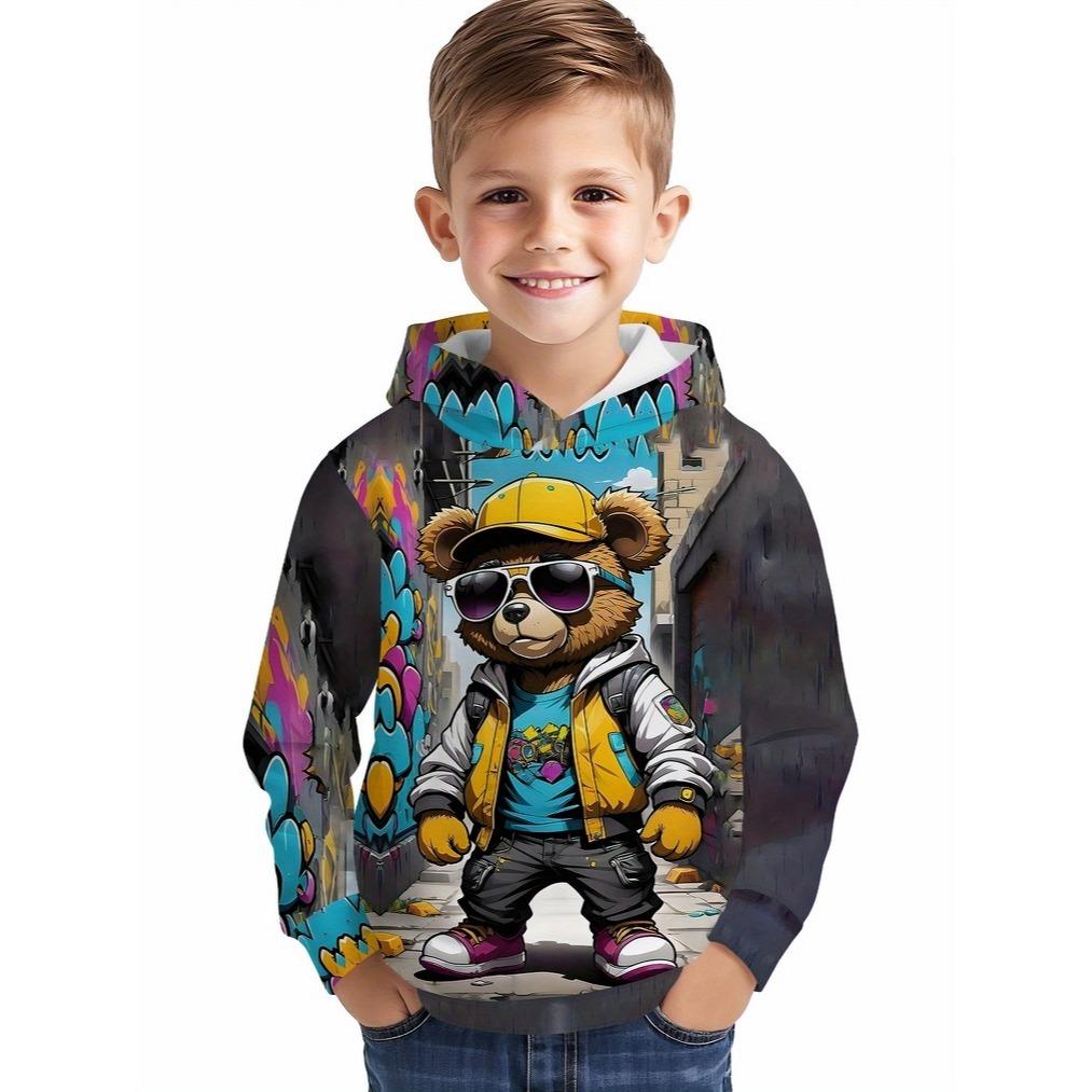 Boys' 3D digital printed hooded sweatshirt, elastic casual pullover, random urban street style design