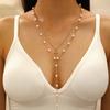 Fashion Metal Double Layer Cross Pendant Necklace For Women Elegant Imitation Pearl Y-Shaped Long Tassel Necklace Zircon