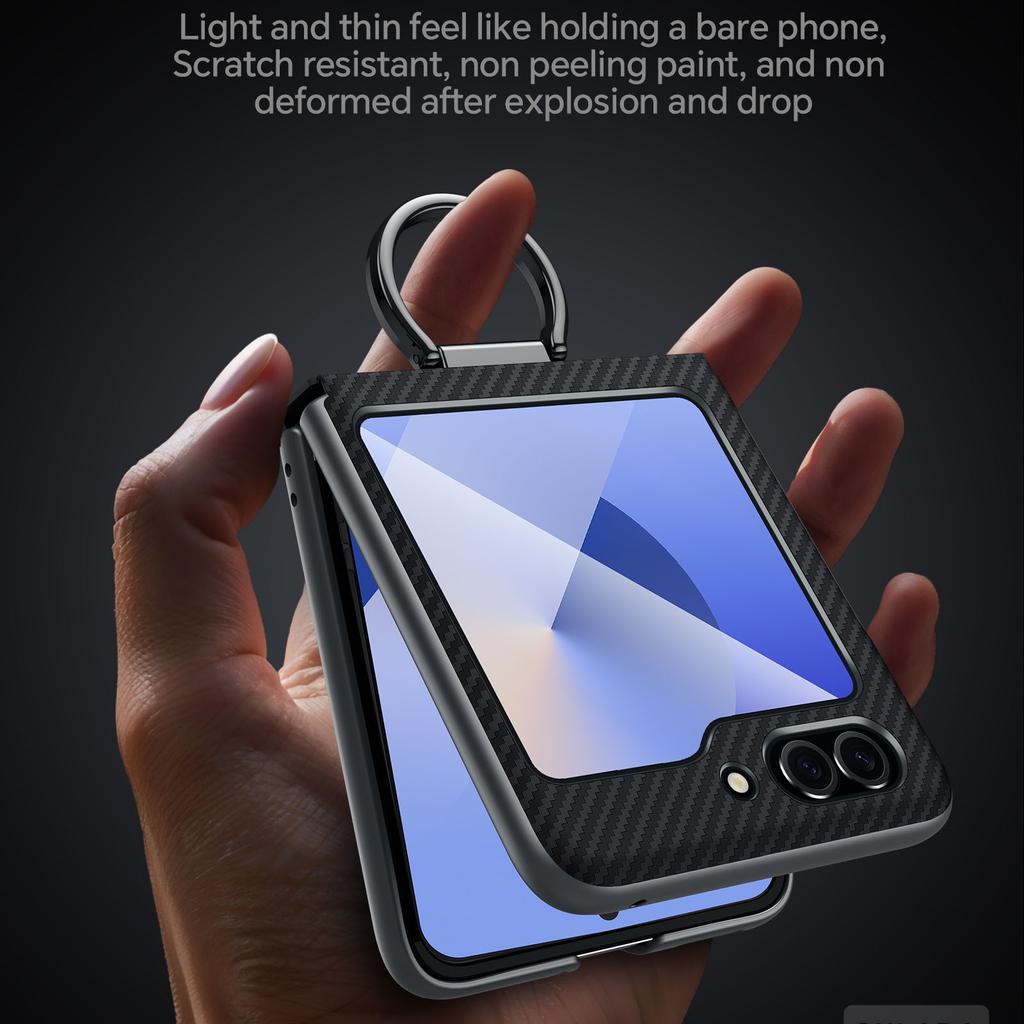 SULADA For Samsung Galaxy Z Flip5 5G Case with Ring Kickstand Magnetic Closure Leather PC Phone Cover Carbon Fiber Texture