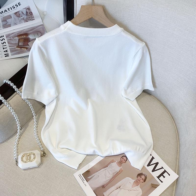 Dámský letní pletený top z ledového hedvábí - Kulatý výstřih, Volný střih, Výšivka králíčka, Krátký rukáv