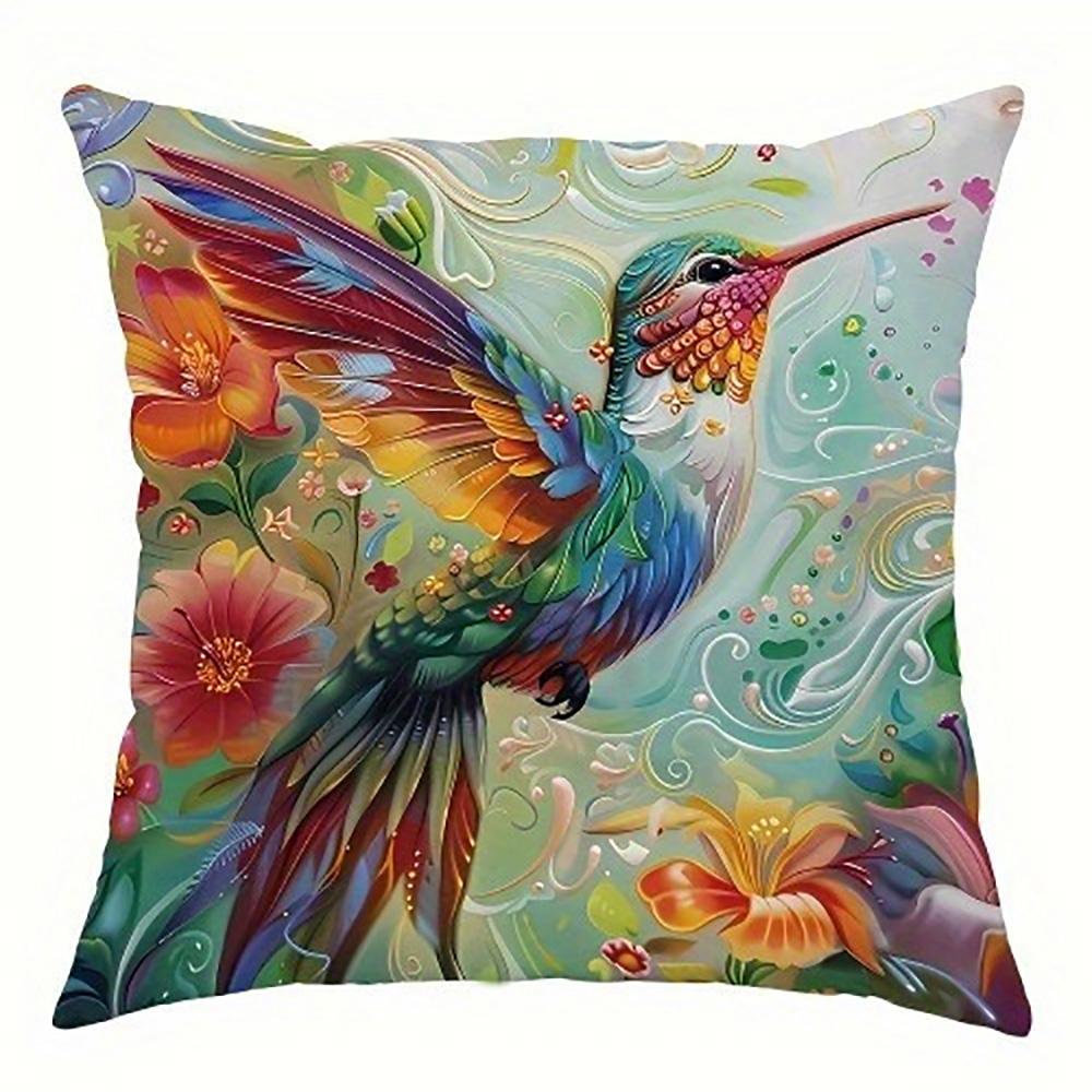 Colorful Hummingbirds On Floral PillowcaseSuitable for Sofa Car Bedroom Decorative Cushion Cover Pillow Cover
