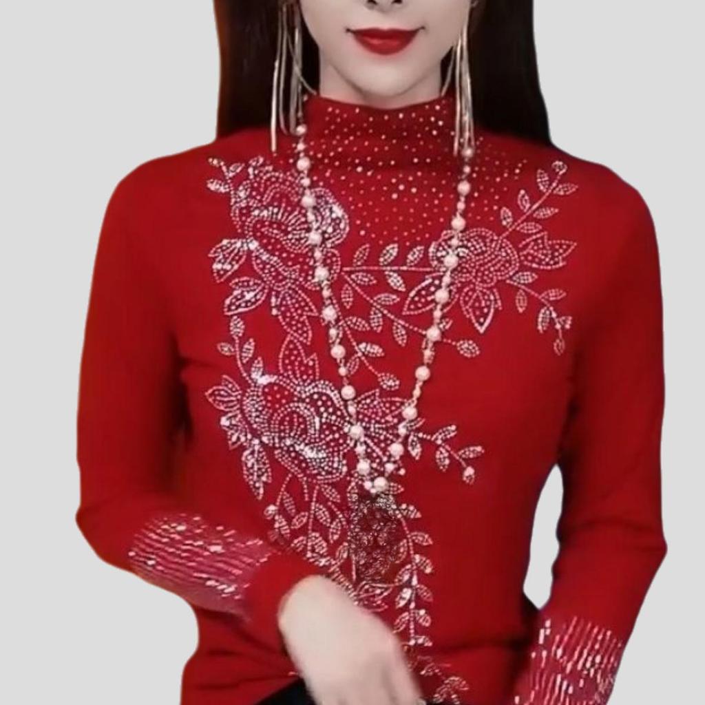 Autumn Winter Women's Fleece-lined Base Shirt Soft and Warm Double-sided Fleece Base Shirt Rhinestone Slim-fit Long-sleeve Stretch T-shirt