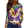 Women's Fashion Casual Slit Hem Round Neck Long Sleeve Loose Printed T-Shirt Top