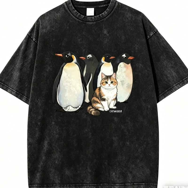 

Vintage Washed Black TShirt Funny Cat Disguised As Penguin Graphic Tee Casual Oversized Short Sleeve Streetwear for Men Women 2XL
