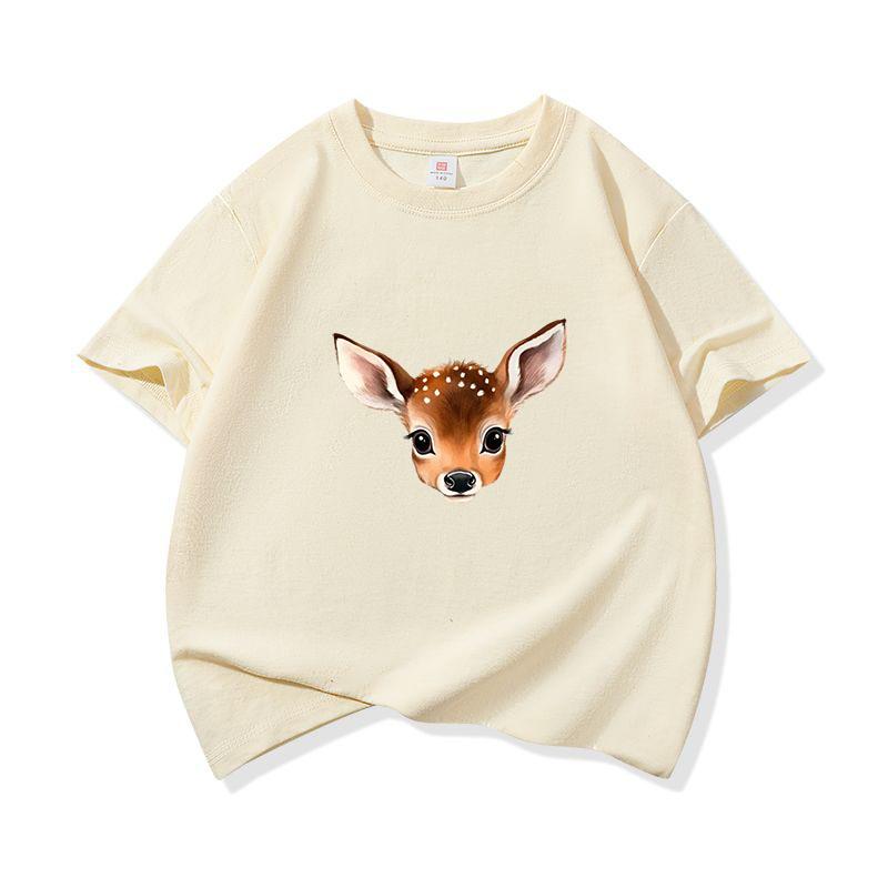 Kids Cotton T Shirt Cute Peeking Deer Print Crew Neck Short Sleeve Tee Casual Breathable Boys Girls Summer Tops