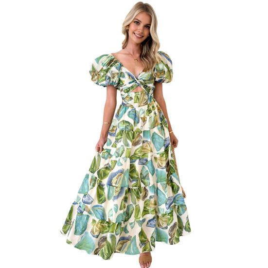 Women Evening Dress Bubble Sleeves Low-cut Off Shoulder Colorful Print A-line Big Hem Patchwork Hollow Out Pleated Vacation Beach Maxi Dress