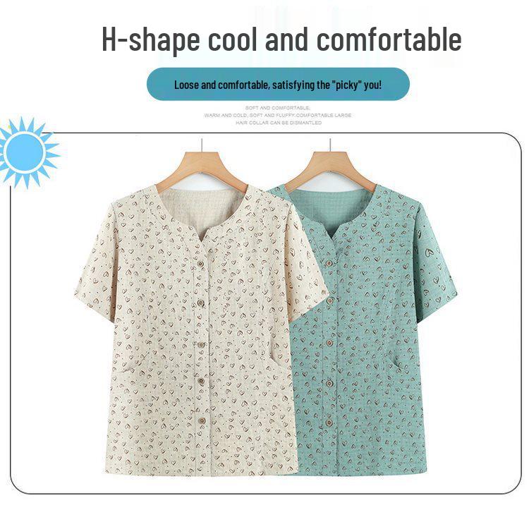 Grandma's Summer Cotton Short Sleeve Shirt - Women's Cotton Linen Top for Middle-aged and Elderly