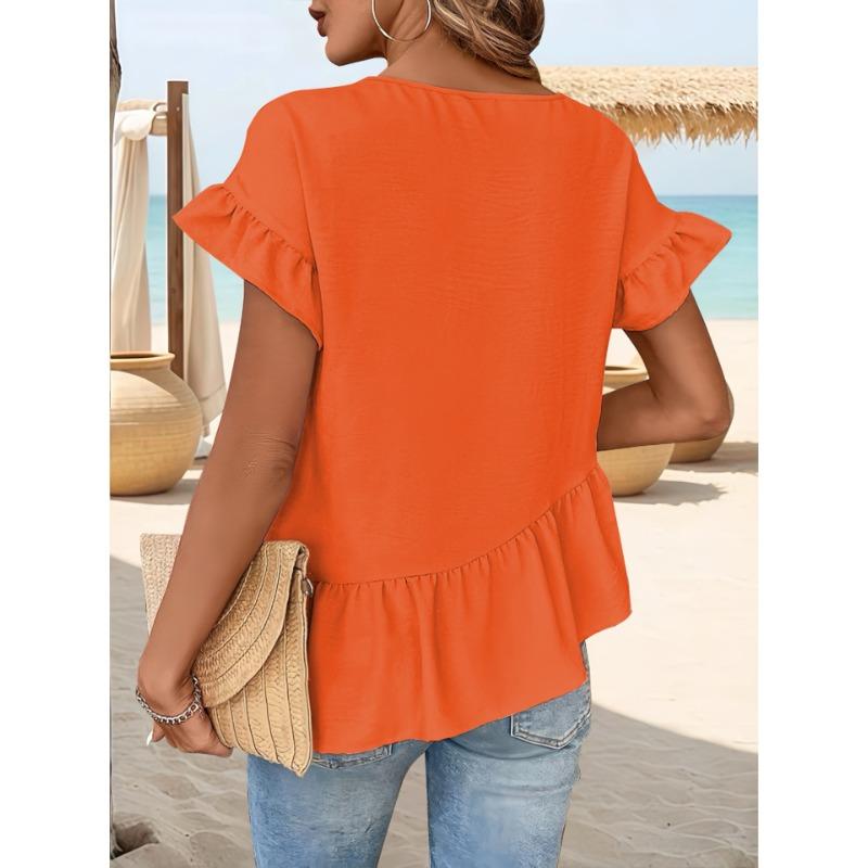 Elegant Solid Color Women's Woven T-Shirts Round Neck Flutter Sleeves & Ruffled Hem T-Shirt Stylish Summer Top