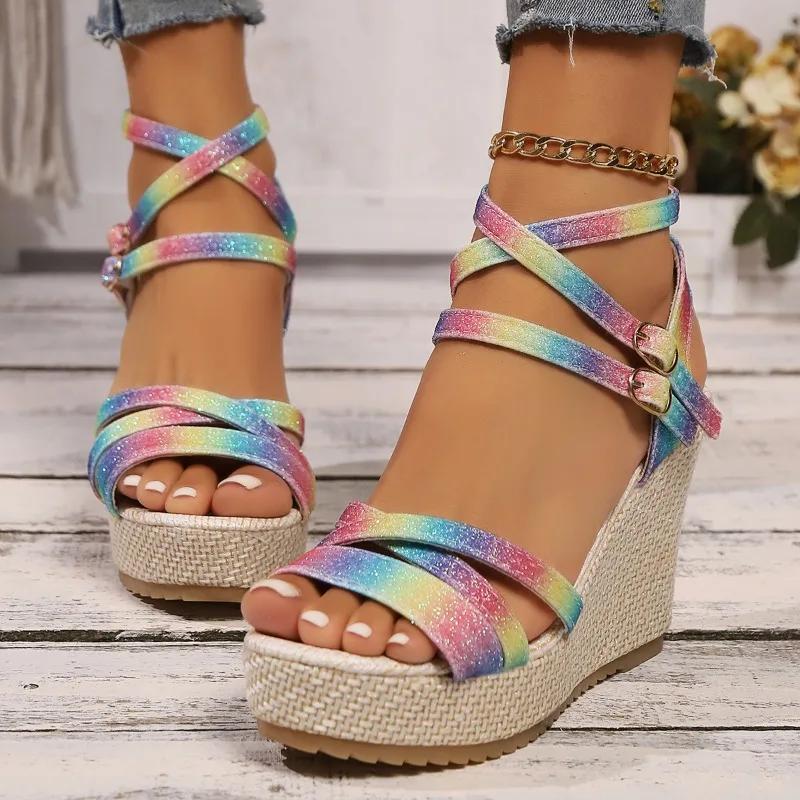 Fashion Summer Hot Selling Women's Shoes Fashion Color Matching Open Toe Wedge Heel Fabric One-line Buckle Women's High Heel Sandals