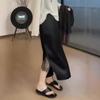 Women's Plus Size High Waist Black Midi Skirt with Lace Slit - Summer A-line Design