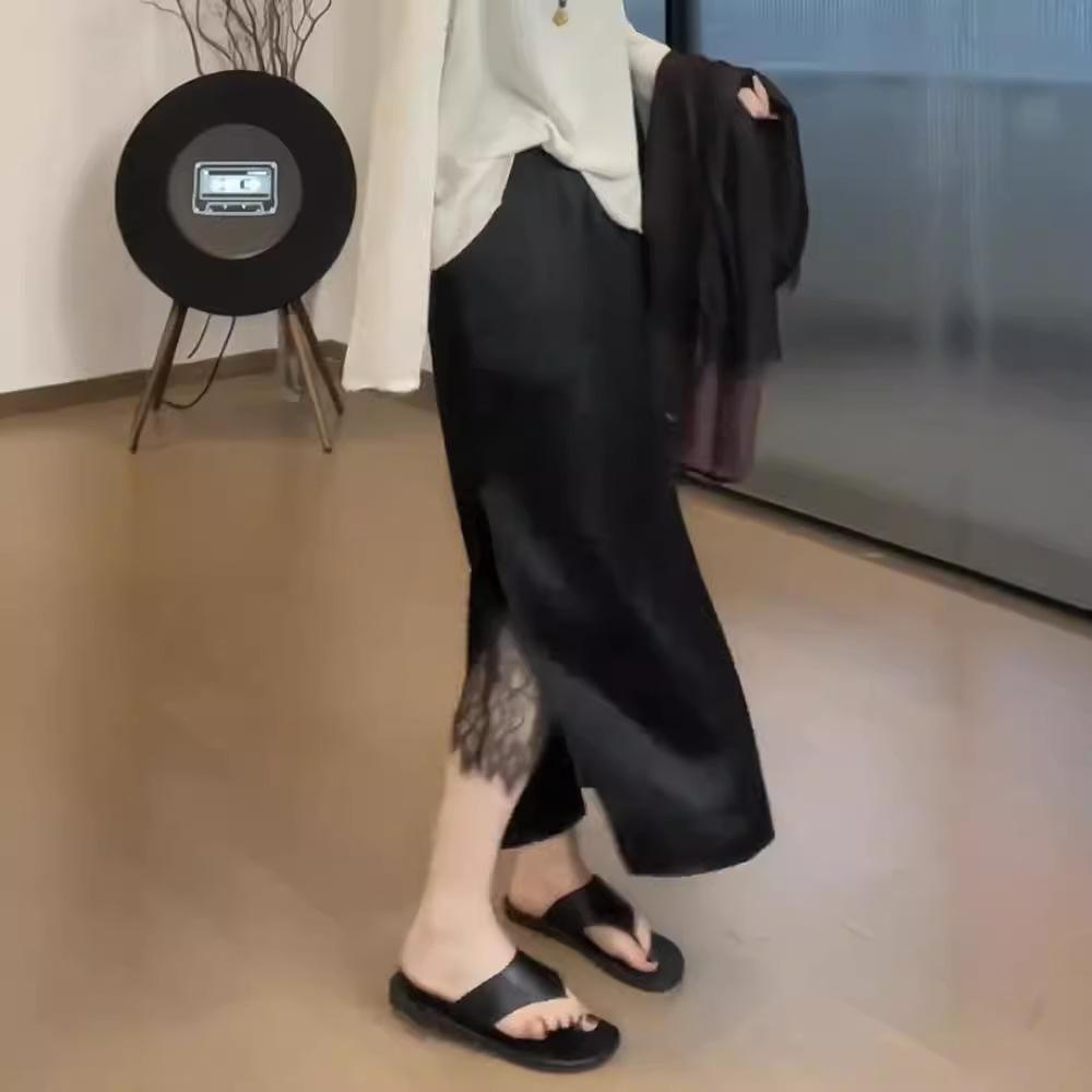 Women's Plus Size High Waist Black Midi Skirt with Lace Slit - Summer A-line Design