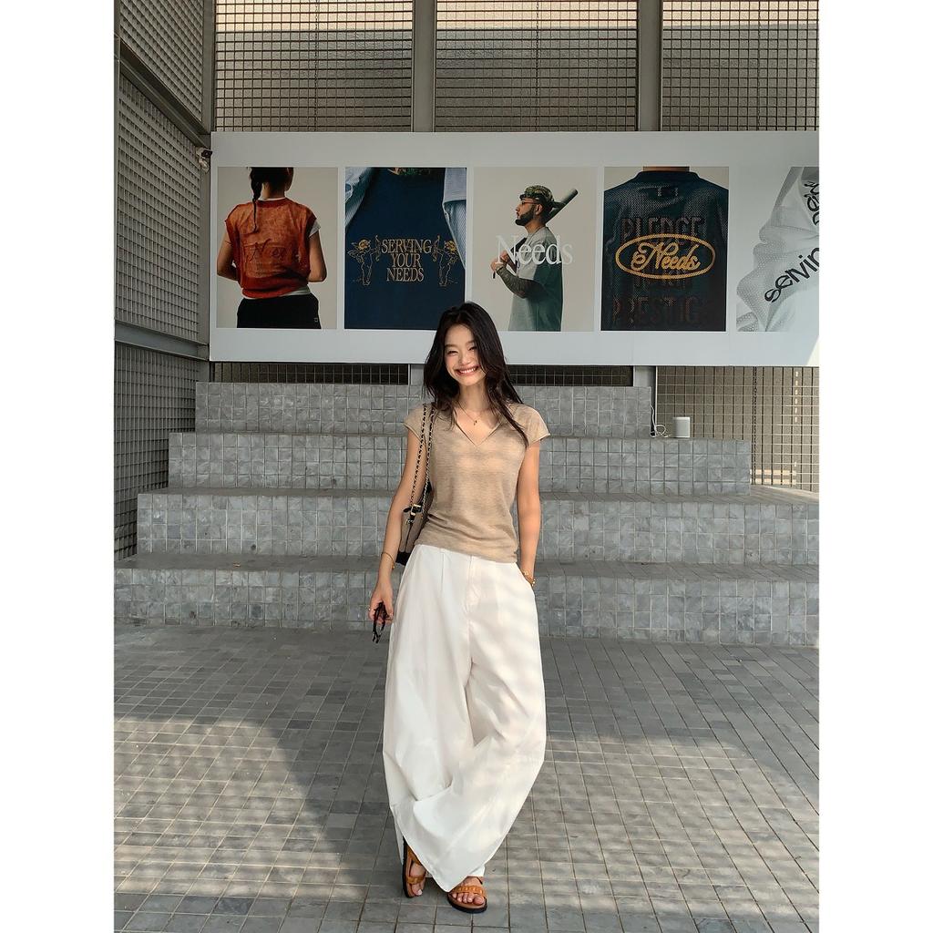 Pusumed simple attractive force V-neck crimped knitted sweater short-sleeved t-shirt women's casual loose small fly-sleeved top