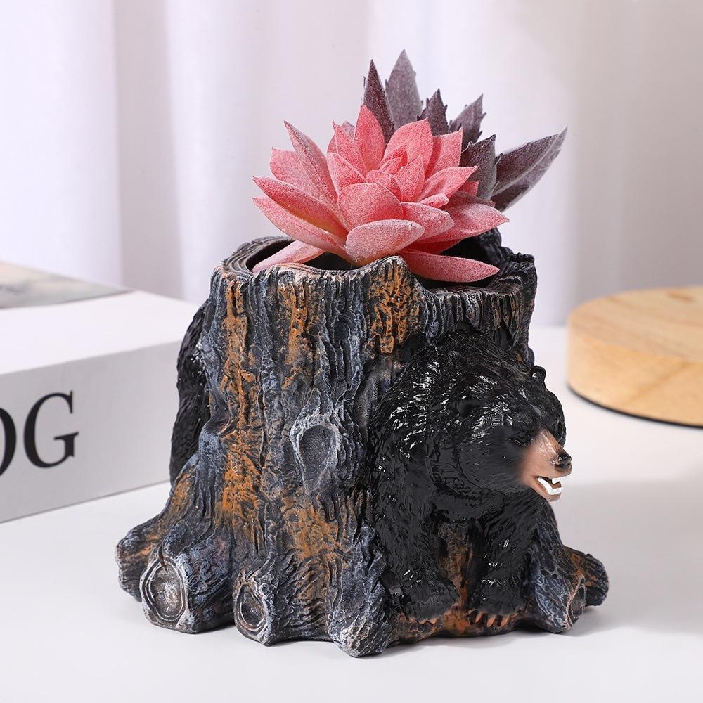 Pot de fleurs créatif en résine éléphant et ours sur souche d'arbre pour balcon