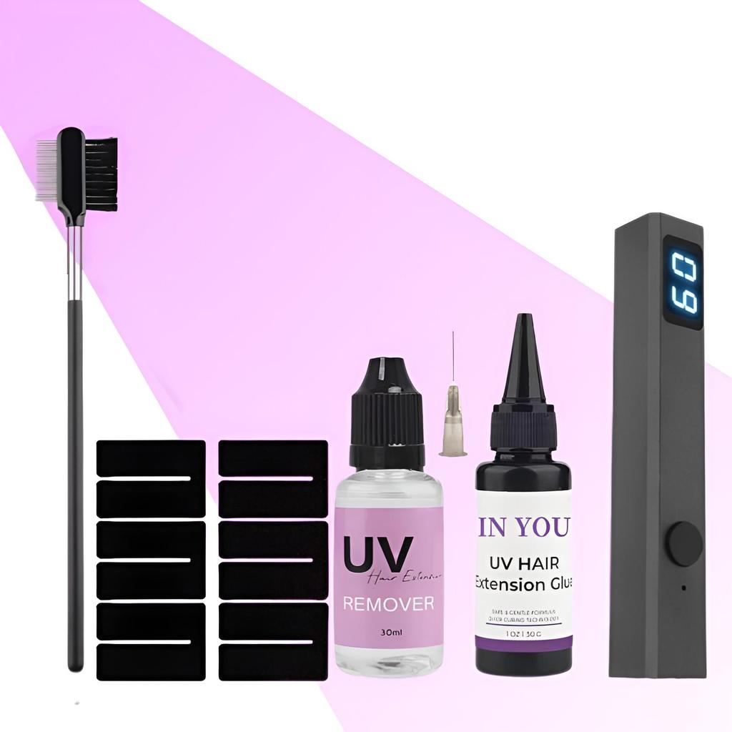 30g UV Hair Extension Kit with Lamp & Remover Comb | Instant-Curing Waterproof Glue | Painless Salon-to-Home Removal System