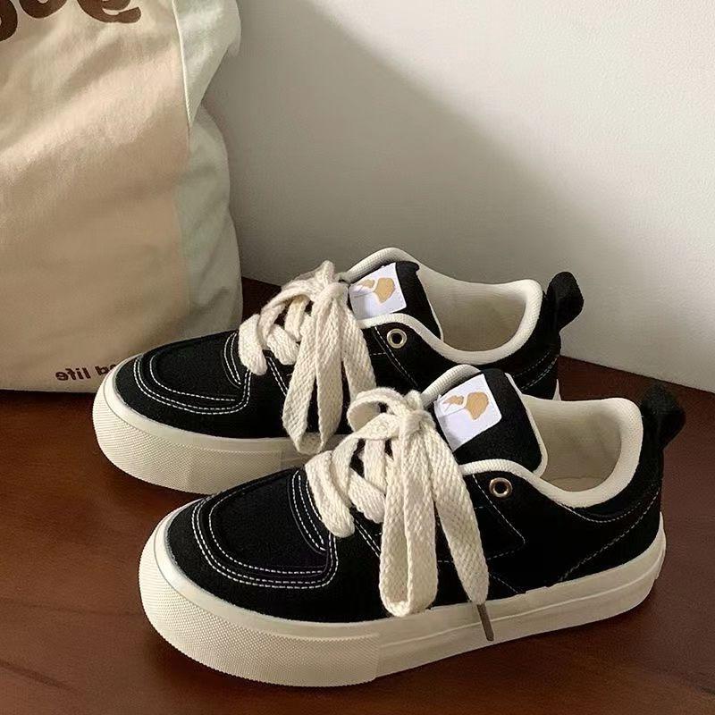 Retro Damen Board Schuhe Herbst Neu Vielseitig Lässig Schnürschuhe Mattes Canvas Einfarbig Low Top Damen Vulkanisierte Schuhe