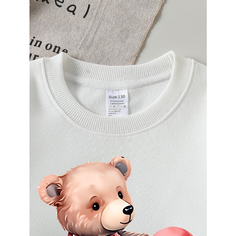 Girls' Crewneck Sweatshirt Cute Bear Holding Pink Heart Machine Washable, Spring And Autumn, Sportswear And Casual Wear