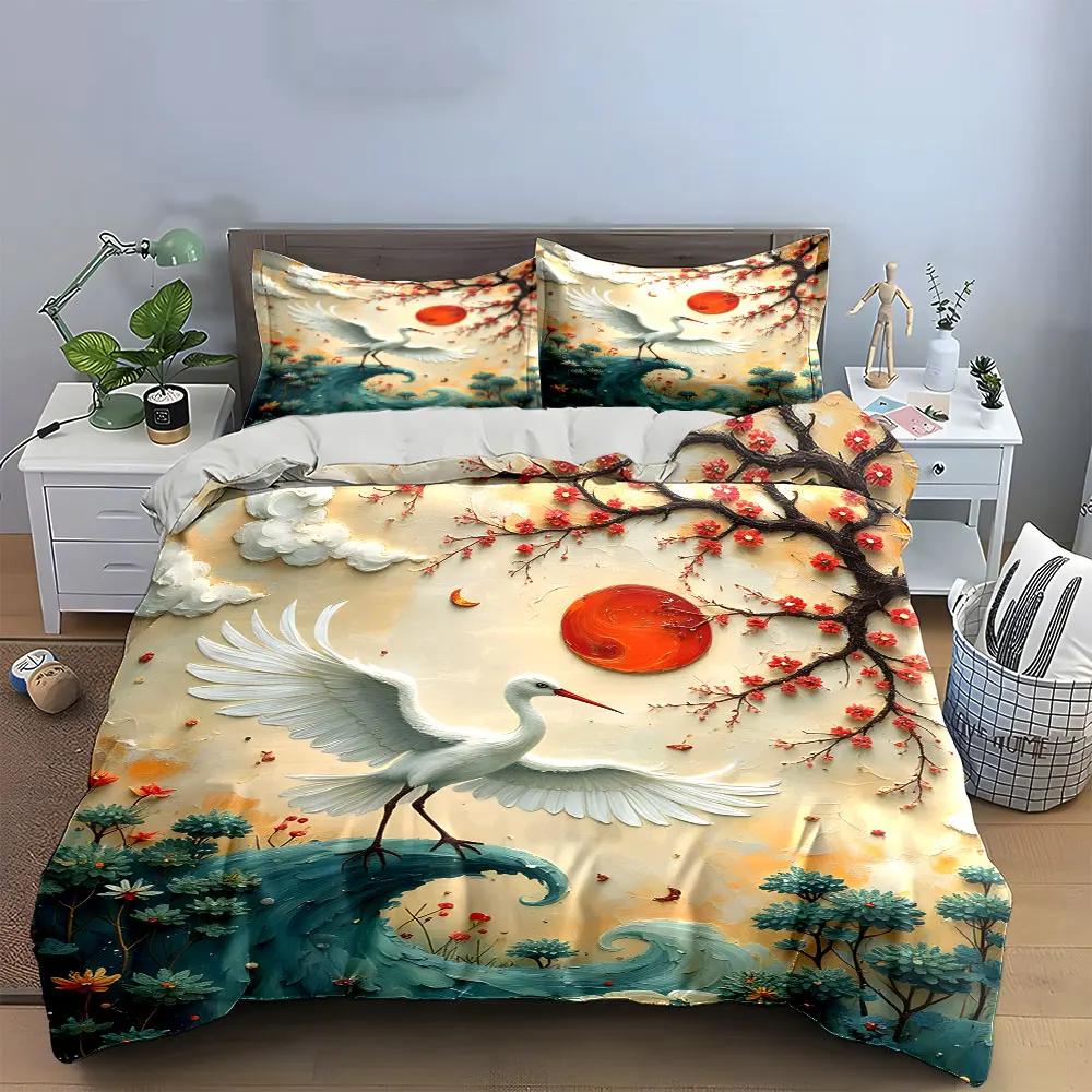 Kran Sonnenuntergang Dekoratives Kunst-Set Weiche Bequeme Bettbezug Bettwäsche-Set Enthalten 1*Bettbezug & 2*Kissenbezüge Geschenk