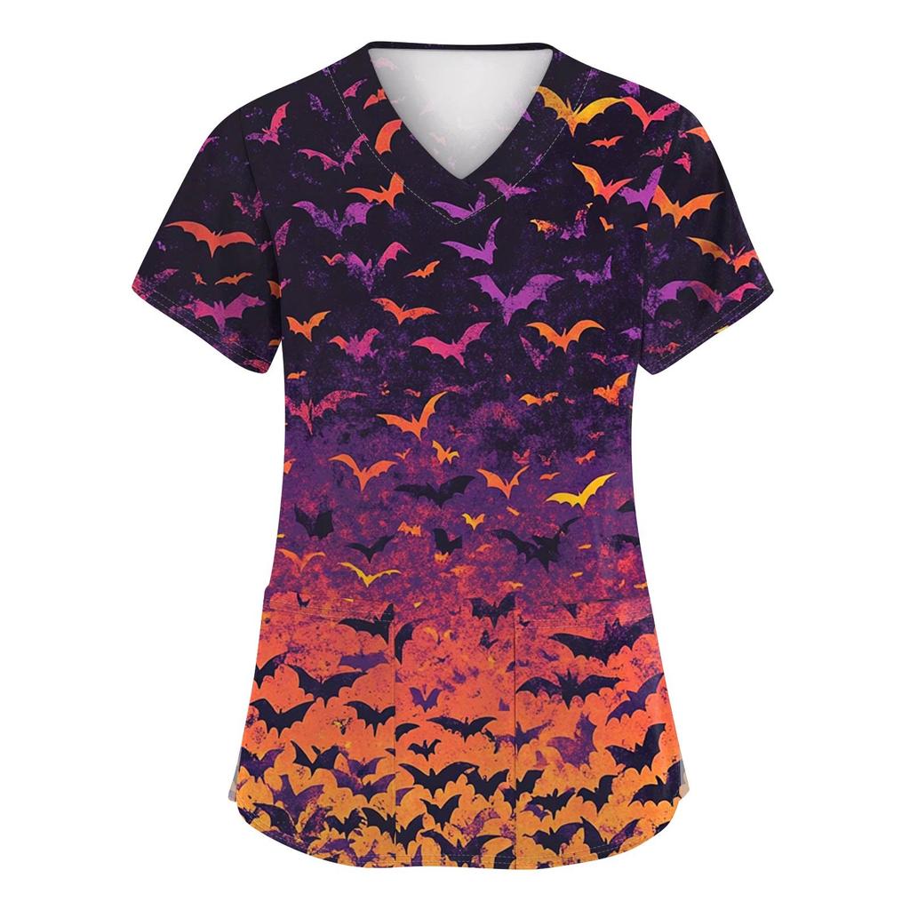 Women's Fashion V-neck Short-sleeved Work Uniform With Pockets, Halloween Print Top